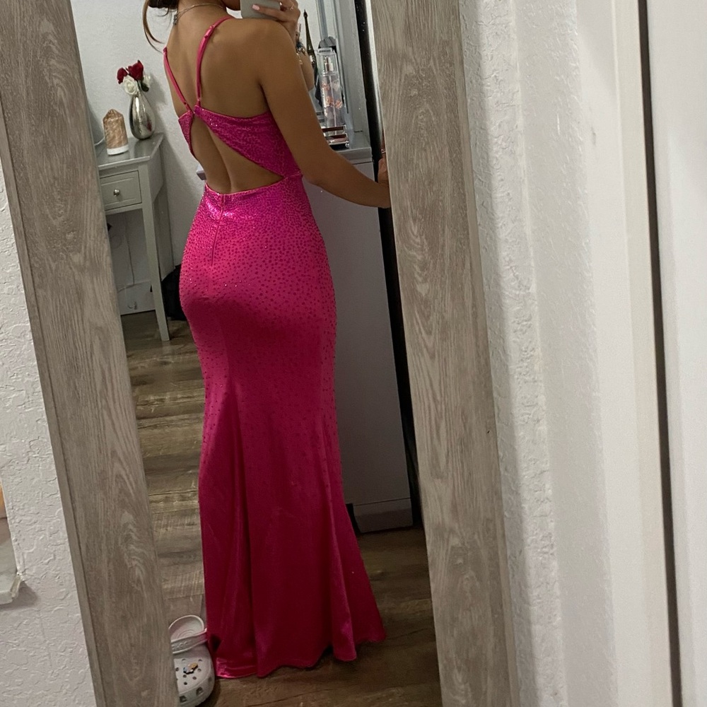 Hot Pink Long Rhinestone Prom Dress